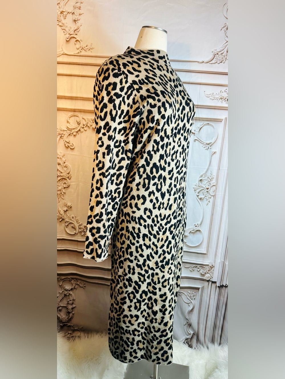 Nina Leonard Leopard Print Midi Dress in Beige and Black - Picture 3 of 7
